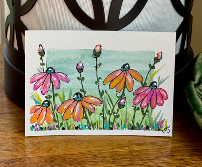 Pink & Orange Wildflowers aceo art card thumbnail 1