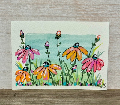 Pink & Orange Wildflowers aceo art card thumbnail 2