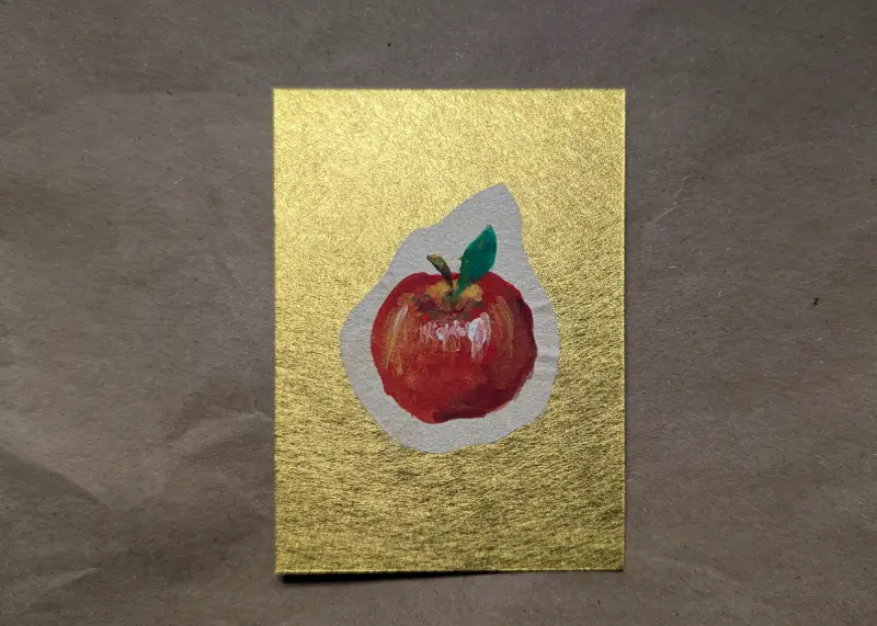 Hand Painted Fortune Apple on Calligraphy Paper - Gold Metallic Background aceo art card