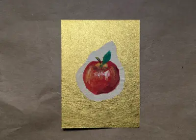 Hand Painted Fortune Apple on Calligraphy Paper - Gold Metallic Background aceo art card thumbnail 1