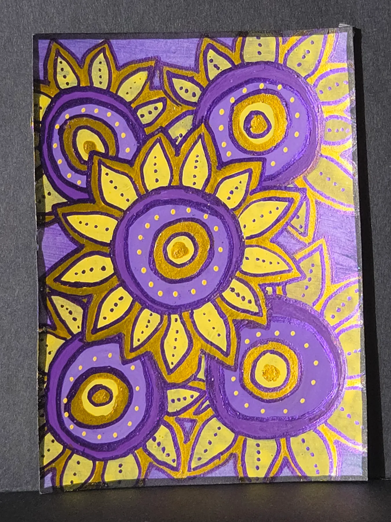 Violet and gold blooms-flowers- ACEO original 2.5x3.5 miniature painting-Artist- FOXI aceo art card