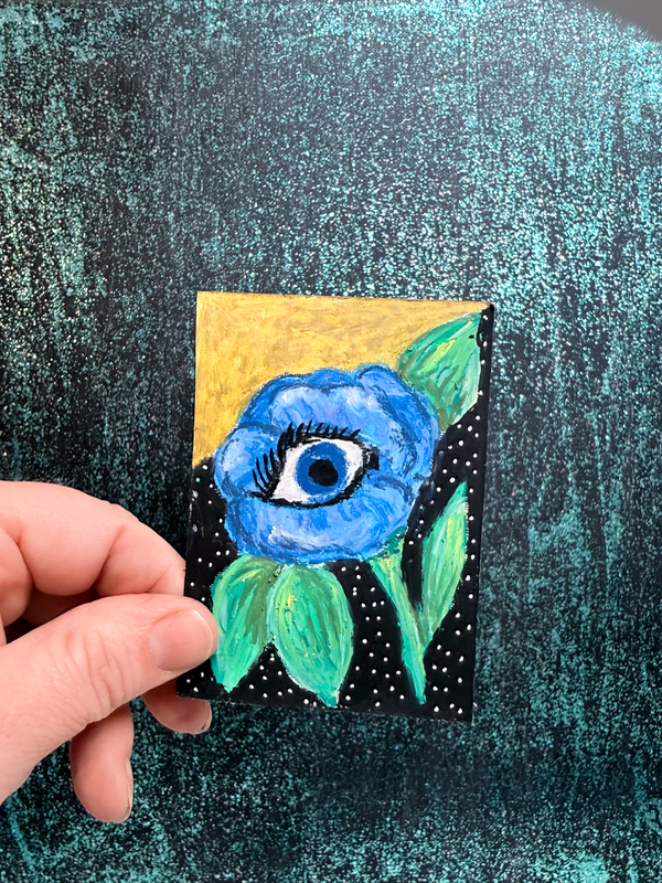 Original ACEO Art Whimsical Spooky Witchy Flower Eye Art Oil Pastel Mini 2.5x3.5 aceo art card