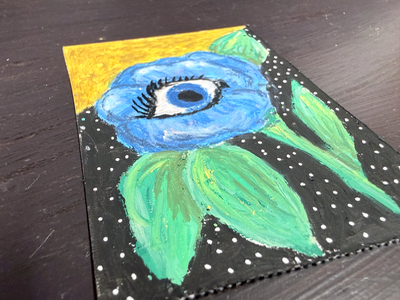 Original ACEO Art Whimsical Spooky Witchy Flower Eye Art Oil Pastel Mini 2.5x3.5 aceo art card thumbnail 2