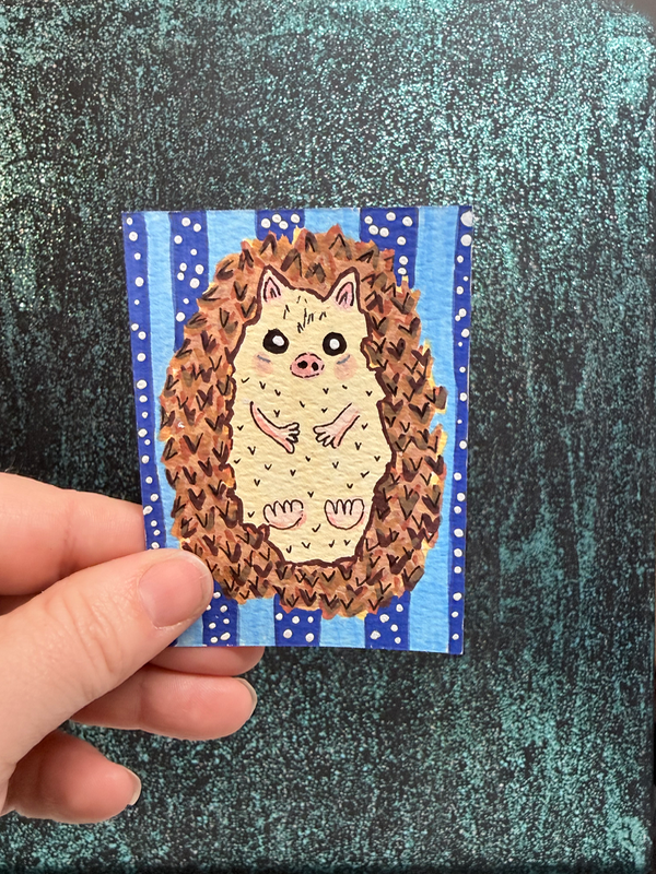 ACEO Whimsical Original Art - Hedgehog sitting Elizabeth Durant Art aceo art card