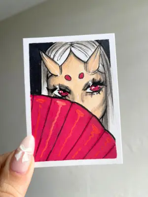 Demon Girl with Fan aceo art card thumbnail 1