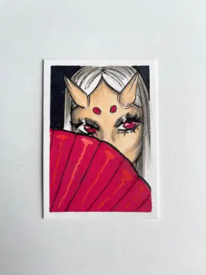 Demon Girl with Fan aceo art card thumbnail 2
