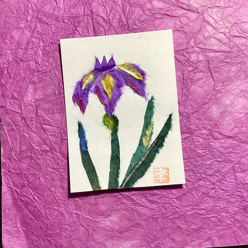 Japanese Washi art- Iris (Ayame) aceo art card