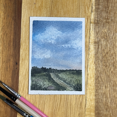ACEO Watercolor, landscape original, Sky, road, country, farm, abstract, “Distant Farm”, 3.5x2.5in, aceo art card thumbnail 3