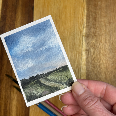 ACEO Watercolor, landscape original, Sky, road, country, farm, abstract, “Distant Farm”, 3.5x2.5in, aceo art card thumbnail 2