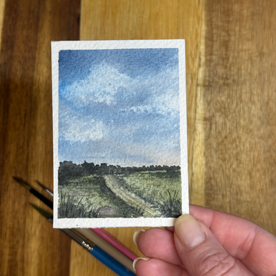 ACEO Watercolor, landscape original, Sky, road, country, farm, abstract, “Distant Farm”, 3.5x2.5in, aceo art card thumbnail 1