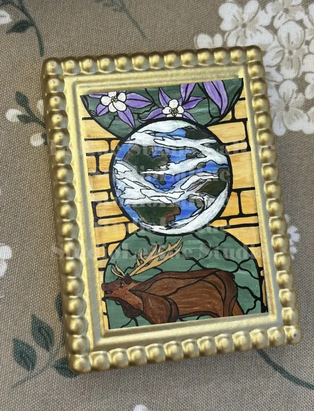 Stain-glass 'Flora & Fauna' Elk/Colombines/Earth SIGNED PRINT aceo art card