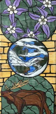 Stain-glass 'Flora & Fauna' Elk/Colombines/Earth SIGNED PRINT aceo art card thumbnail 2