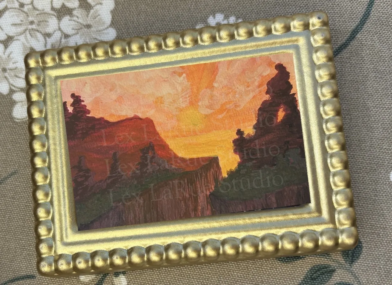 ACEO & Sticker 4-Pack: Desert Heat {Canyon Sunrise, Glowing Arch, Fire/Flames, Night-Sky Reflection} aceo art card