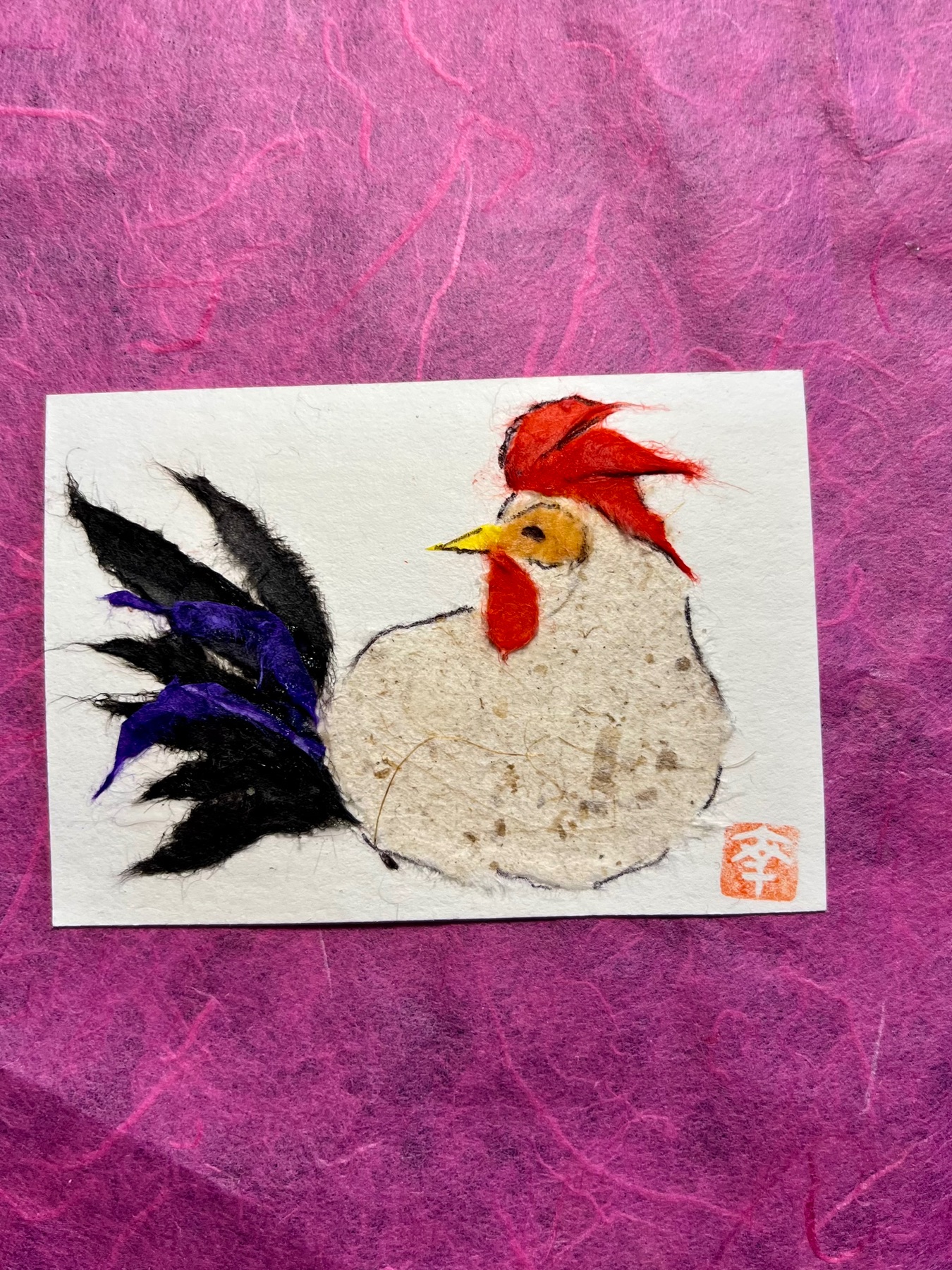 Rooster- Japanese Washi art aceo art card
