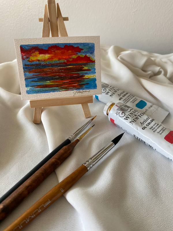 Santa Monica Sunset - Limited Series - three original paintings aceo art card