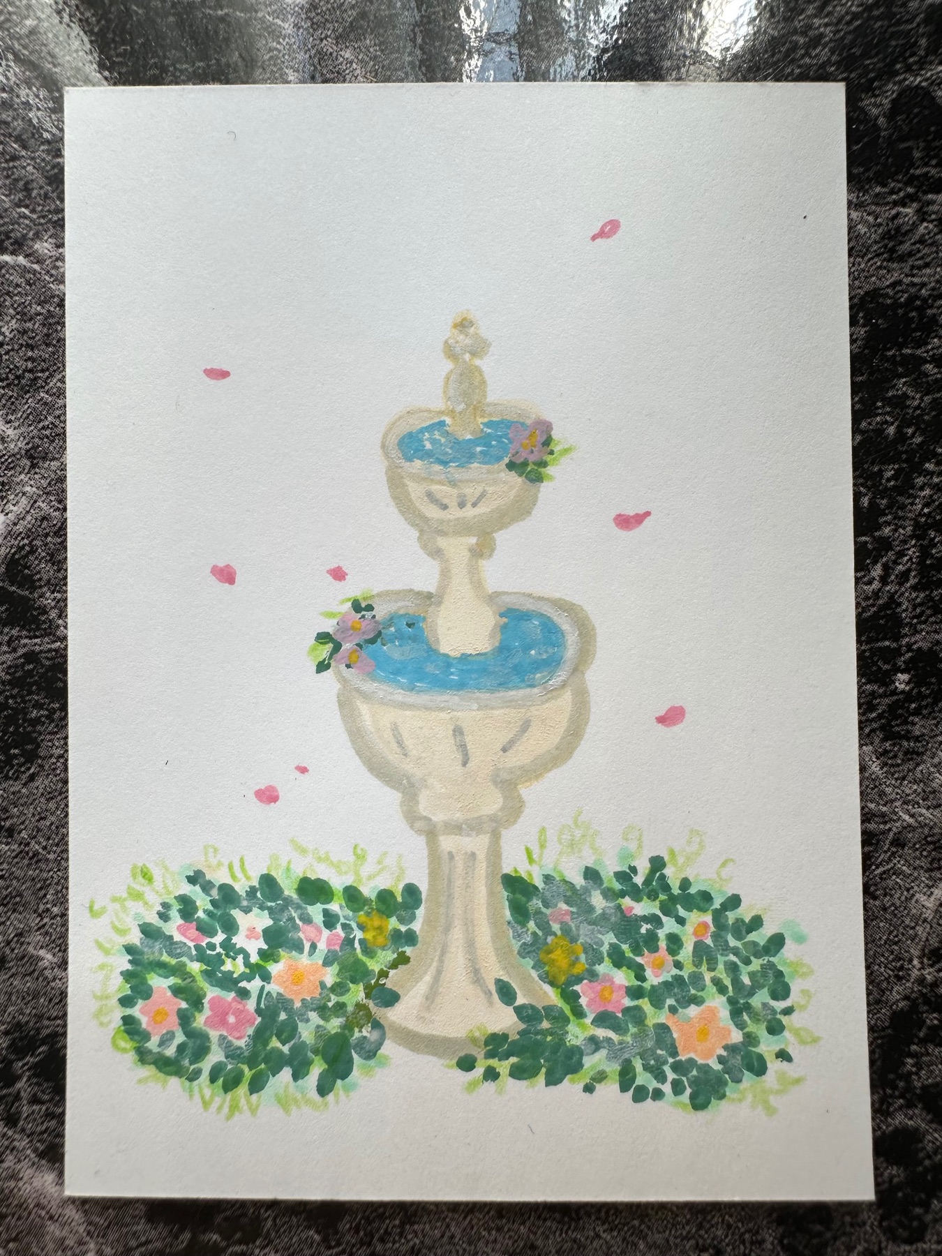 Water Fountain Floral ACEO “Petals in the Fountain by Le Fleur COA OOAK aceo art card