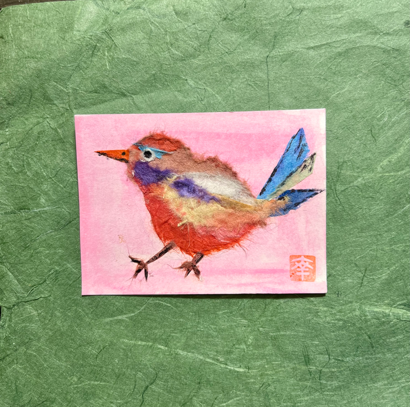 Bird in rainbow colors - Washi art aceo art card