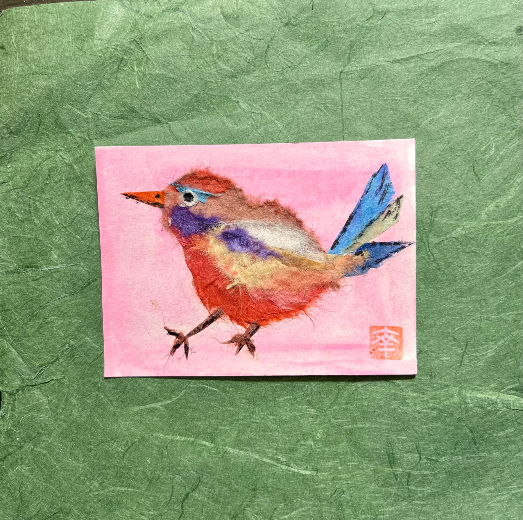 Bird in rainbow colors - Washi art aceo art card