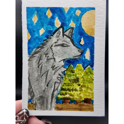 Wolf Original ACEO — Watercolor on Watercolor Paper By Melody, Age 13 aceo art card thumbnail 1