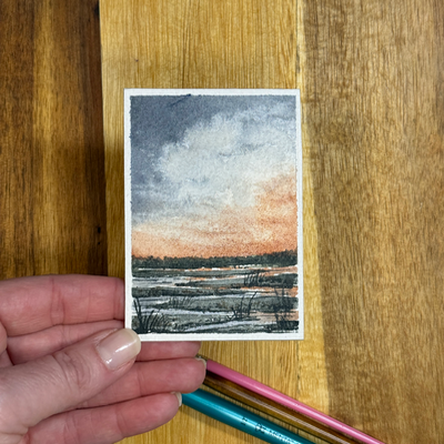 ACEO Watercolor, Landscape, Original, Marsh, Pond“Orange Cloud Marsh”, 3.5x2.5in, By Lark Watercolor aceo art card thumbnail 1