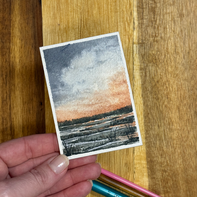 ACEO Watercolor, Landscape, Original, Marsh, Pond“Orange Cloud Marsh”, 3.5x2.5in, By Lark Watercolor aceo art card thumbnail 2
