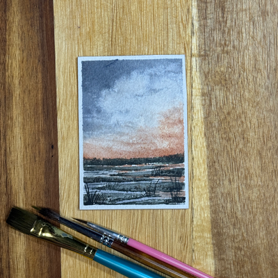 ACEO Watercolor, Landscape, Original, Marsh, Pond“Orange Cloud Marsh”, 3.5x2.5in, By Lark Watercolor aceo art card thumbnail 5