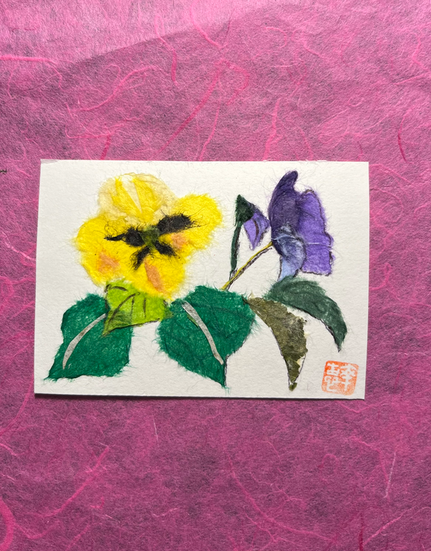 Japanese Washi art -Pansies aceo art card