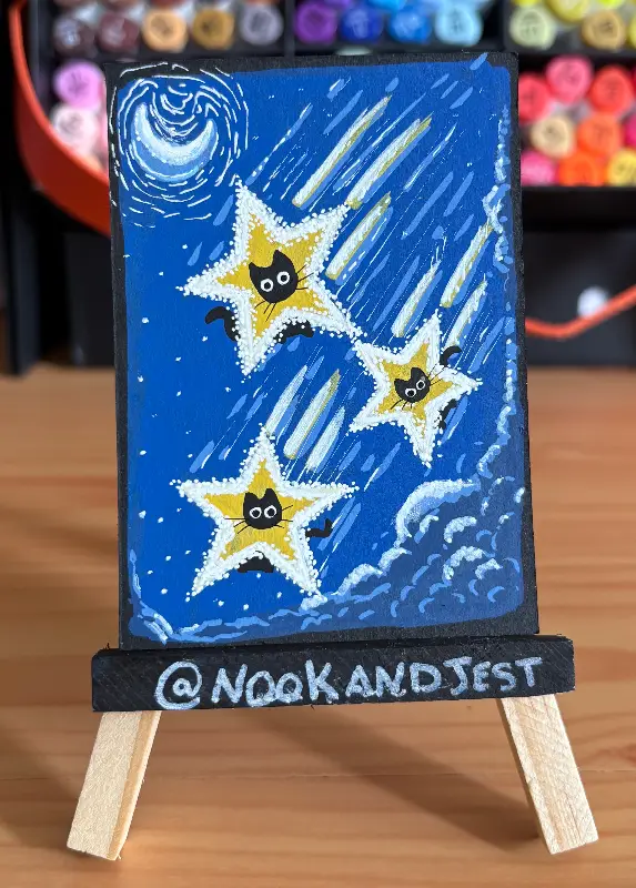Falling Stars - Three falling yellow stars worn by black cats aceo art card
