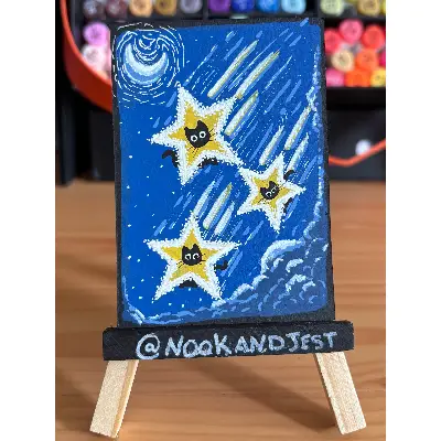 Falling Stars - Three falling yellow stars worn by black cats aceo art card thumbnail 1