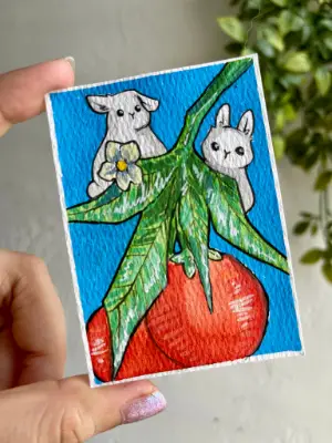 Bunnies and Oranges aceo art card thumbnail 1