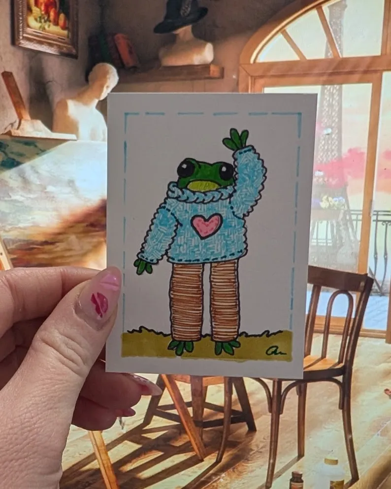 ACEO Hand-Drawn Cartoon Frog in Sweater Signed Original Art 2.5” x 3.5" aceo art card