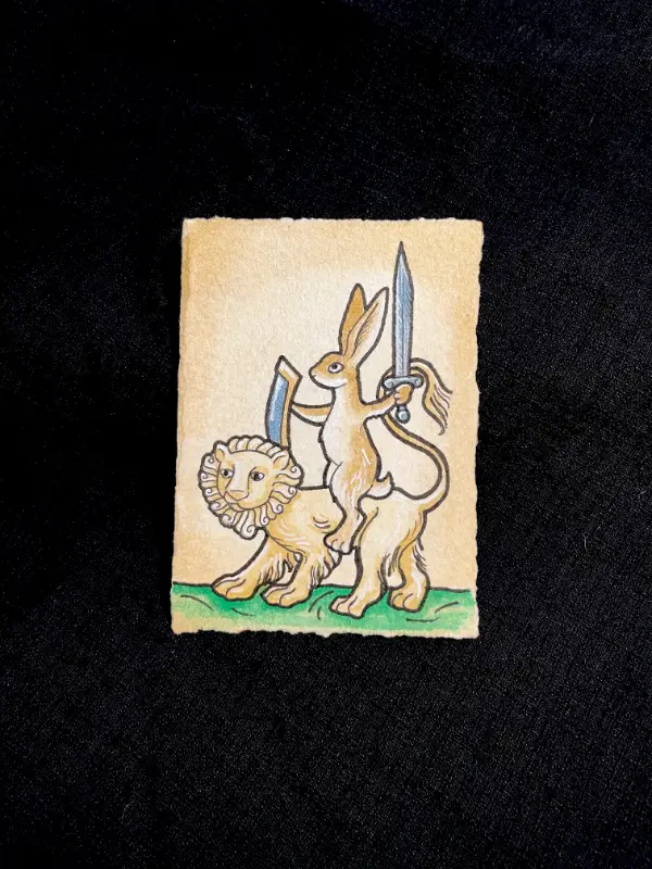 Medieval Rabbit Riding a Lion aceo art card