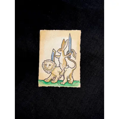 Medieval Rabbit Riding a Lion aceo art card thumbnail 1