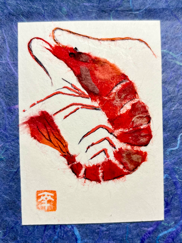 Japanese Washi art-Red shrimp aceo art card