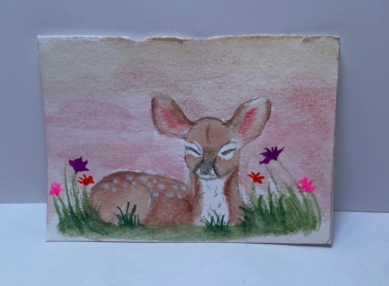Fawn in a field aceo art card