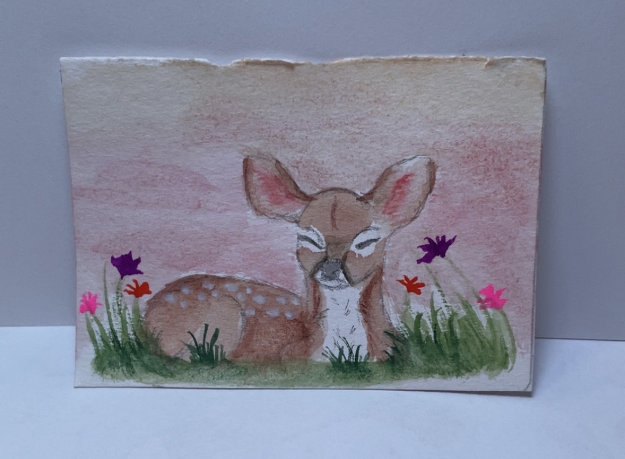 Fawn in a field aceo art card