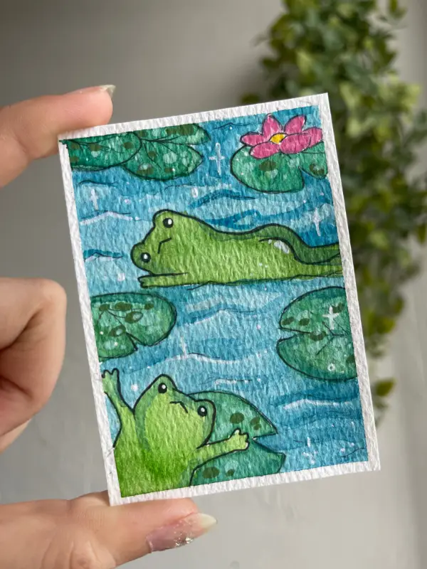 Frogs at the Pond aceo art card