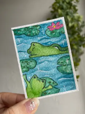 Frogs at the Pond aceo art card thumbnail 2