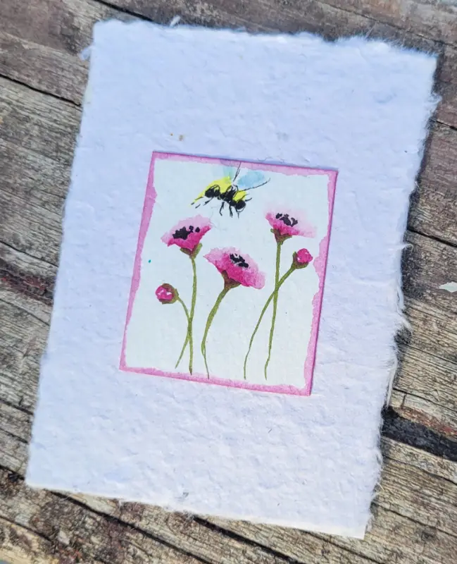 Pink poppies and Bee on Handmade Paper aceo art card