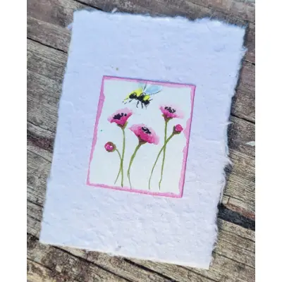 Pink poppies and Bee on Handmade Paper aceo art card thumbnail 1