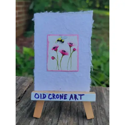 Pink poppies and Bee on Handmade Paper aceo art card thumbnail 3