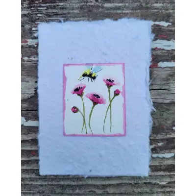 Pink poppies and Bee on Handmade Paper aceo art card thumbnail 2