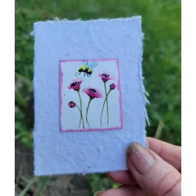 Pink poppies and Bee on Handmade Paper aceo art card thumbnail 4