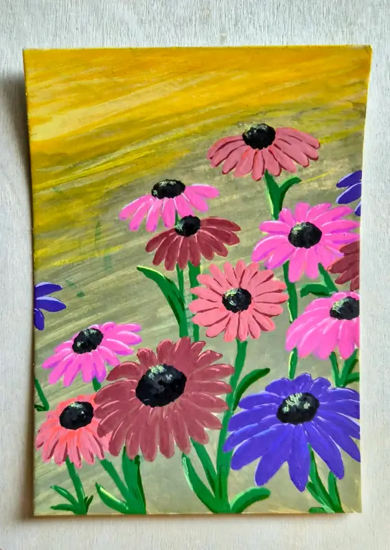 Spring Evening: colorful black eyed susan inspired flowers made with acrylic markers by M_Neff_Art aceo art card