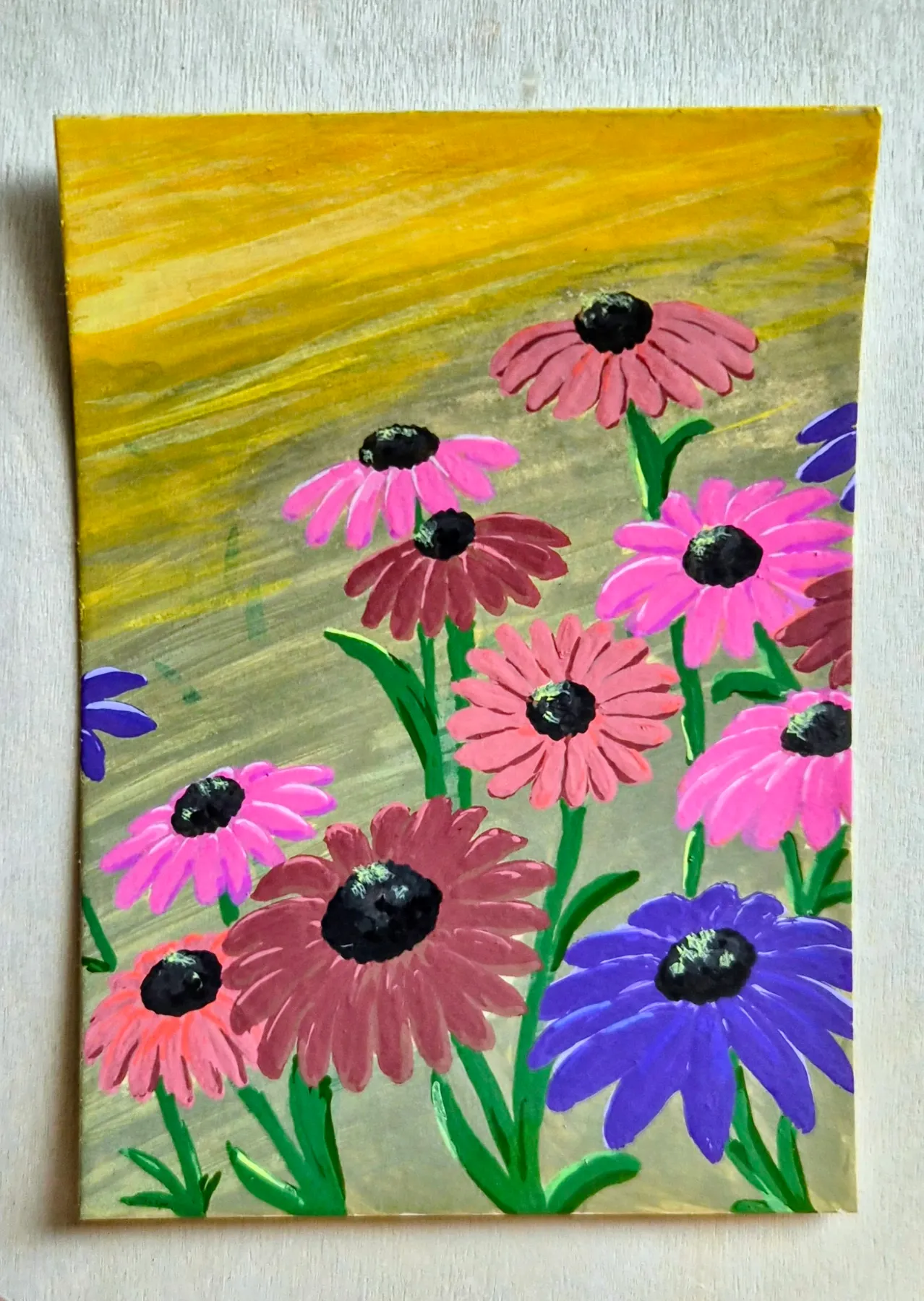 Spring Evening: colorful black eyed susan inspired flowers made with acrylic markers by M_Neff_Art aceo art card