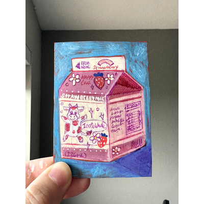 Strawberry Milk Carton aceo art card thumbnail 1