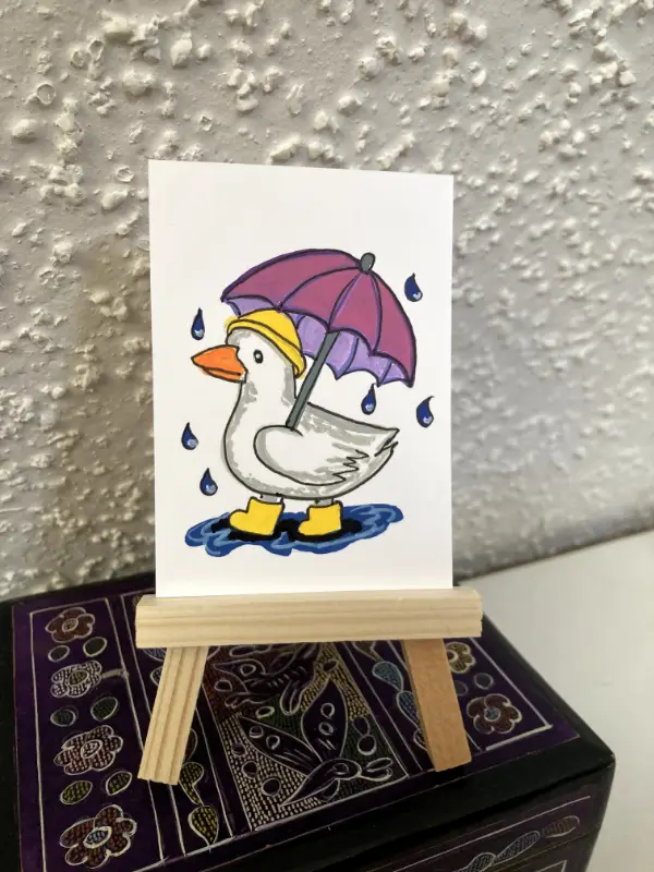 Rainy Day Duck with Purple Umbrella Yellow Boots Acrylic Painting Lillian Connelly aceo art card