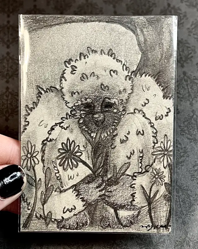 Primate Monkey Duo: Snubnose Baby Monkey and White Gibbon Flower Charcoal Graphite Novagaleaceo aceo art card