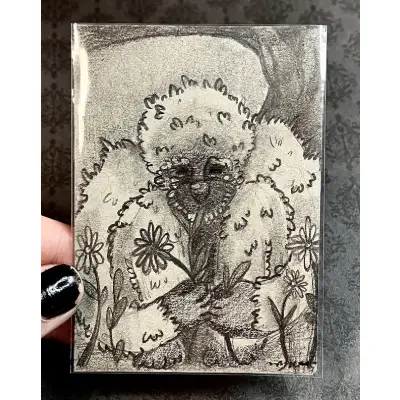 Primate Monkey Duo: Snubnose Baby Monkey and White Gibbon Flower Charcoal Graphite Novagaleaceo aceo art card thumbnail 1