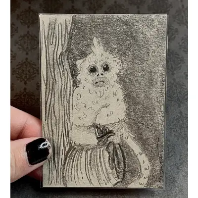 Primate Monkey Duo: Snubnose Baby Monkey and White Gibbon Flower Charcoal Graphite Novagaleaceo aceo art card thumbnail 2